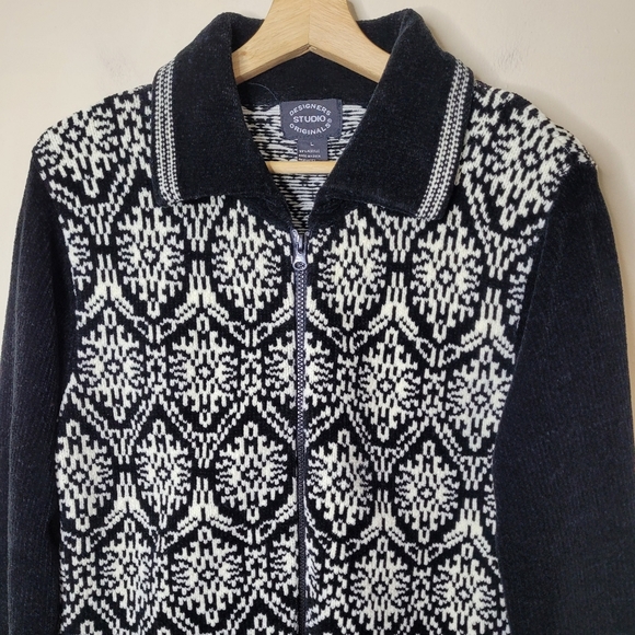 Vintage Chenille Cardigan Sweater L Fair Isle Full Zip Preppy Designers Original - Picture 3 of 7